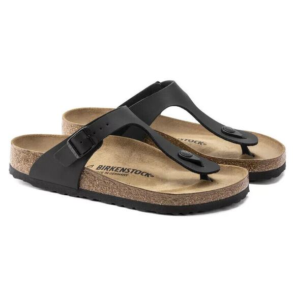 NIB BIRKENSTOCK UNISEX GIZEH BLACK BIRKO-FLOR LEATHER SANDALS NARROW FIT - Picture 2 of 7